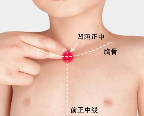 揉天突 治咳嗽、止呕吐
